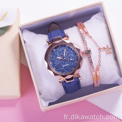 Vente en gros usine vente directe montre ensemble cadeau avec boîte-cadeau bracelet montres-bracelets couleur bonbon cuir montre à quartz 2 pièces ensemble chaud